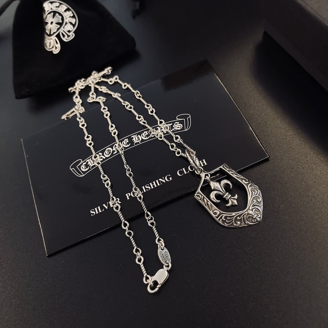 Chrome Hearts Silver Fleur-de-lis Shield Necklace